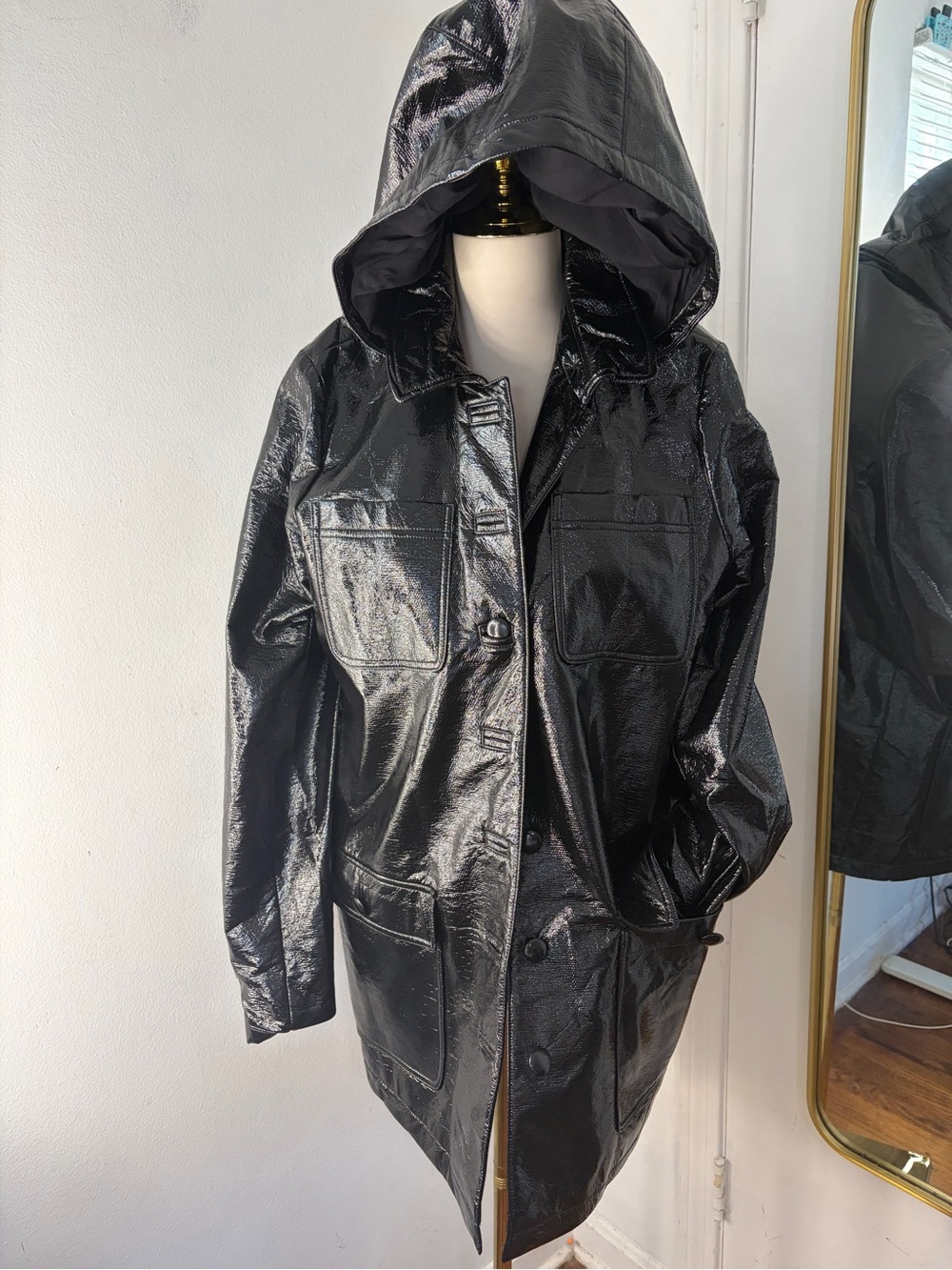 Sezane Glossy Black Manteau Arthur Removable Hooded trench with Gingham Lining